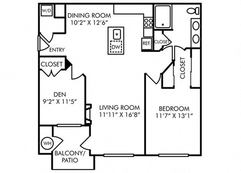 Floor plan for 1 bed, 1 bath, 991 sqft